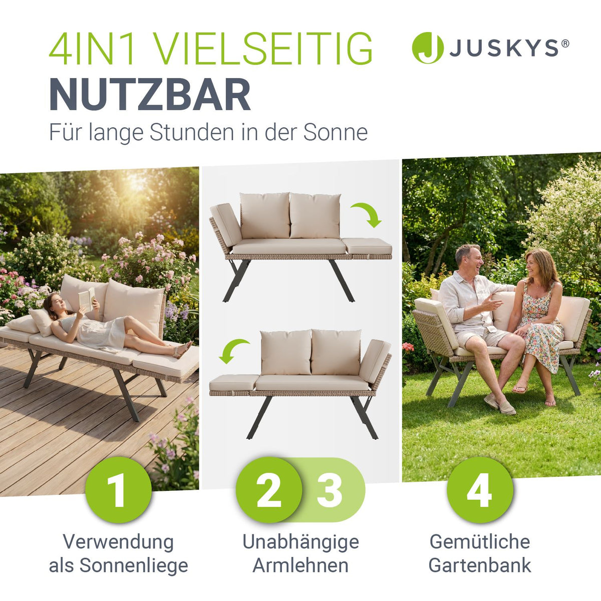 Polyrattan multifunctionele bank Calvia zwart/grijs/crème