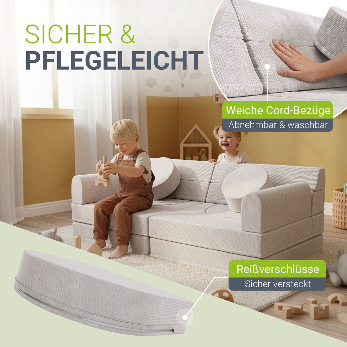 Kinderbank Kayo met corduroy bekleding & kussen