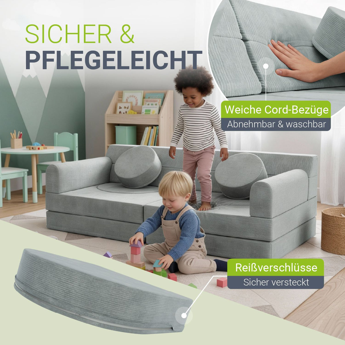 Kinderbank Kayo met corduroy bekleding & kussen