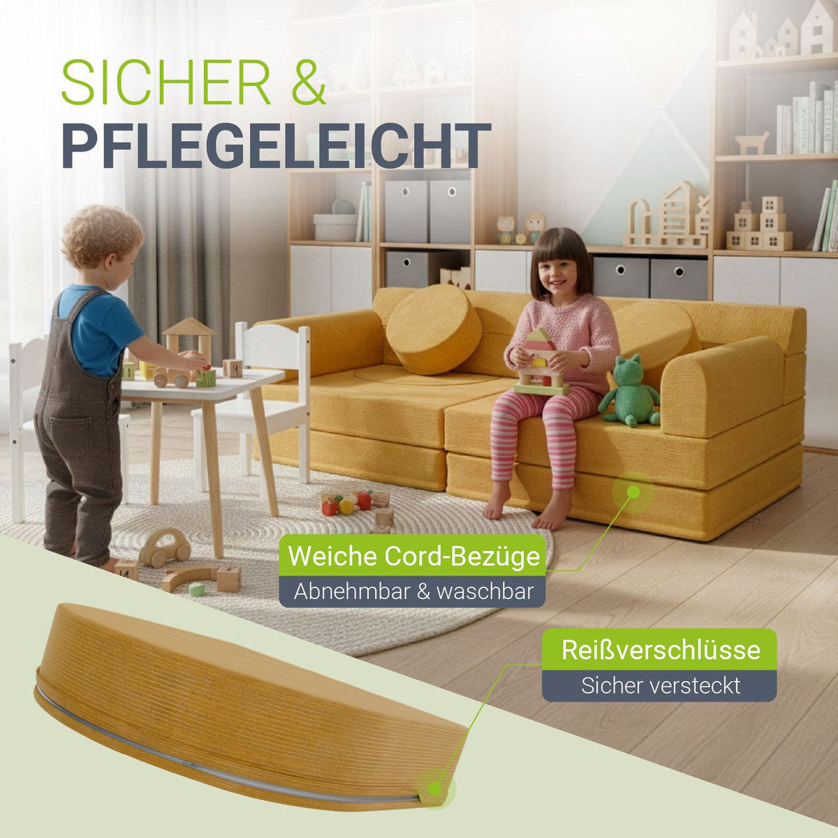 Kinderbank Kayo met corduroy bekleding & kussen