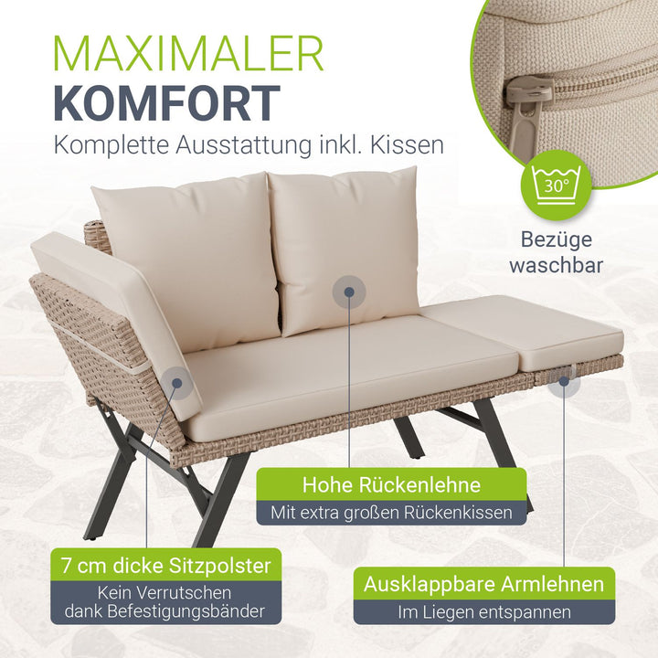 Polyrattan multifunctionele bank Calvia zwart/grijs/crème