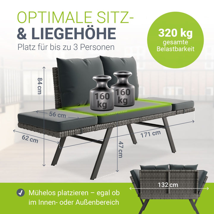 Polyrattan multifunctionele bank Calvia zwart/grijs/crème