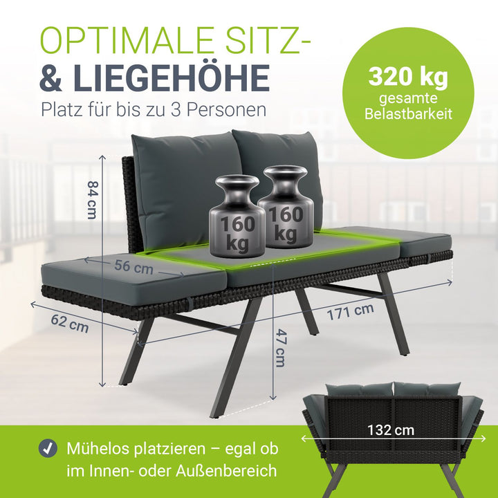 Polyrattan multifunctionele bank Calvia zwart/grijs/crème