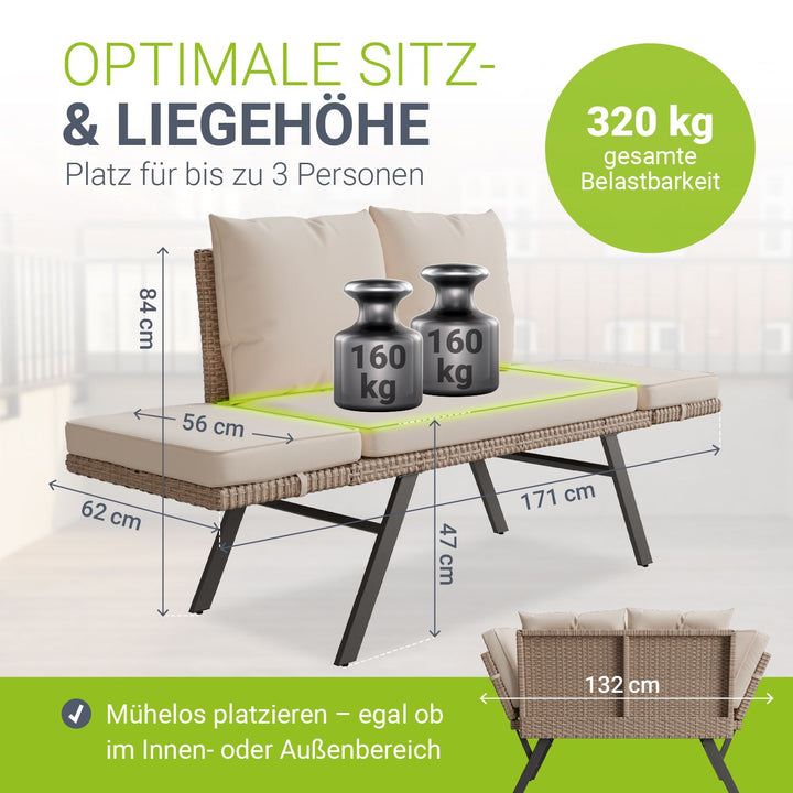 Polyrattan multifunctionele bank Calvia zwart/grijs/crème