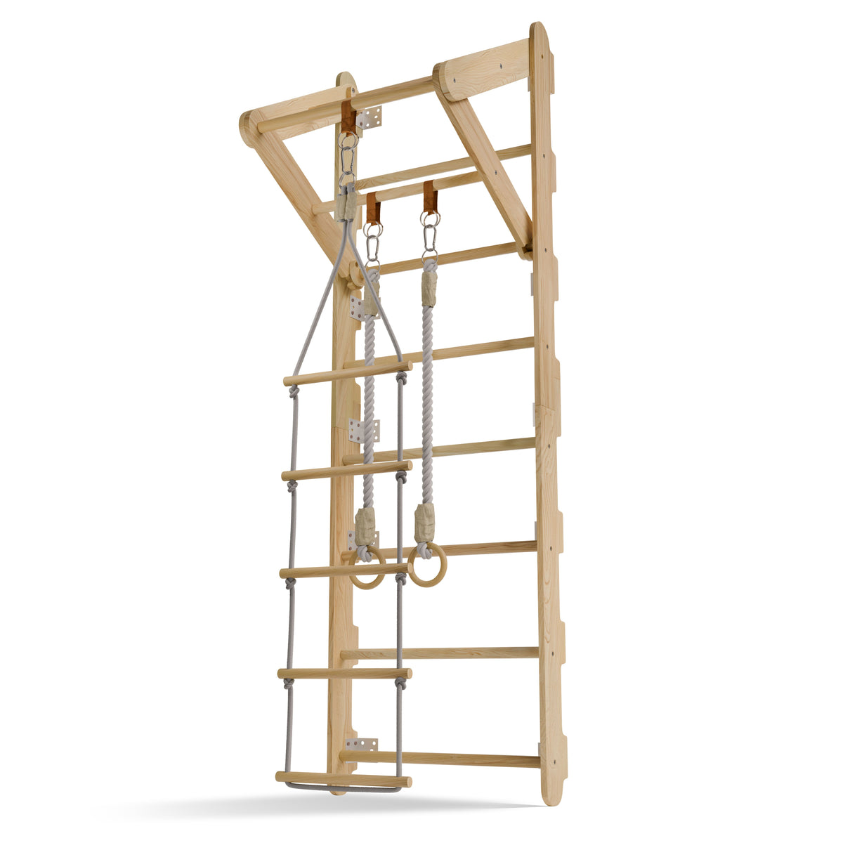 Houten wandrek voor kinderen – met touwladder en gymringen