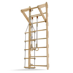 Houten wandrek voor kinderen – met touwladder en gymringen