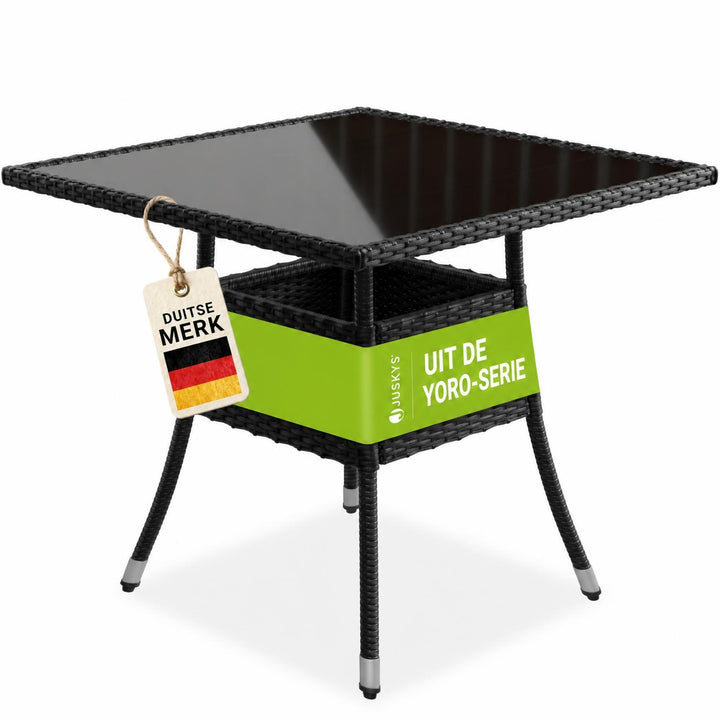 Tuintafel Yoro – vierkant, wicker met glazen blad, zwart