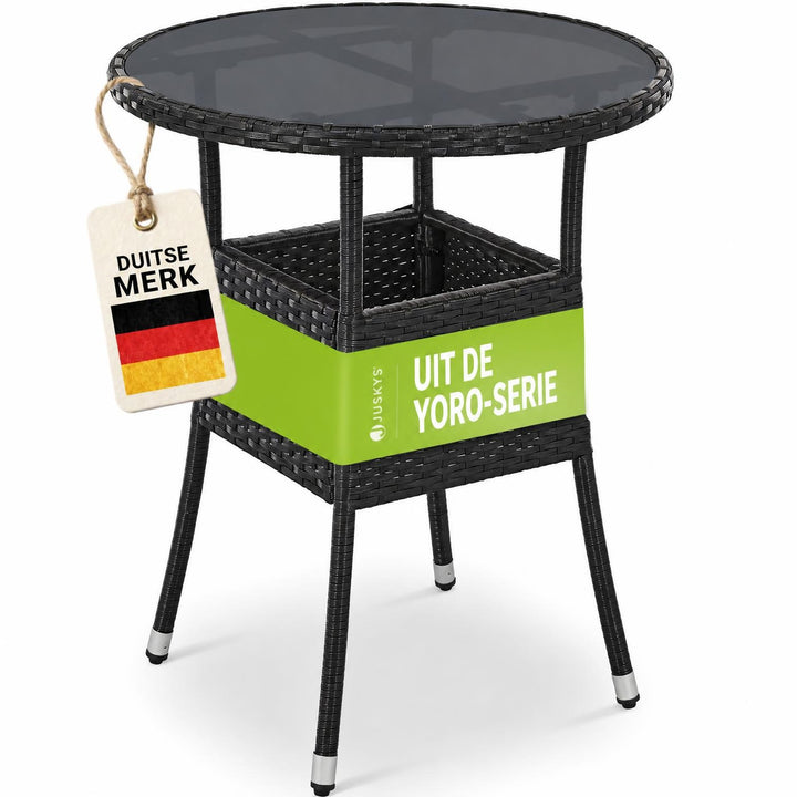 Ronde wicker tuintafel Yoro – zwart, met glazen tafelblad