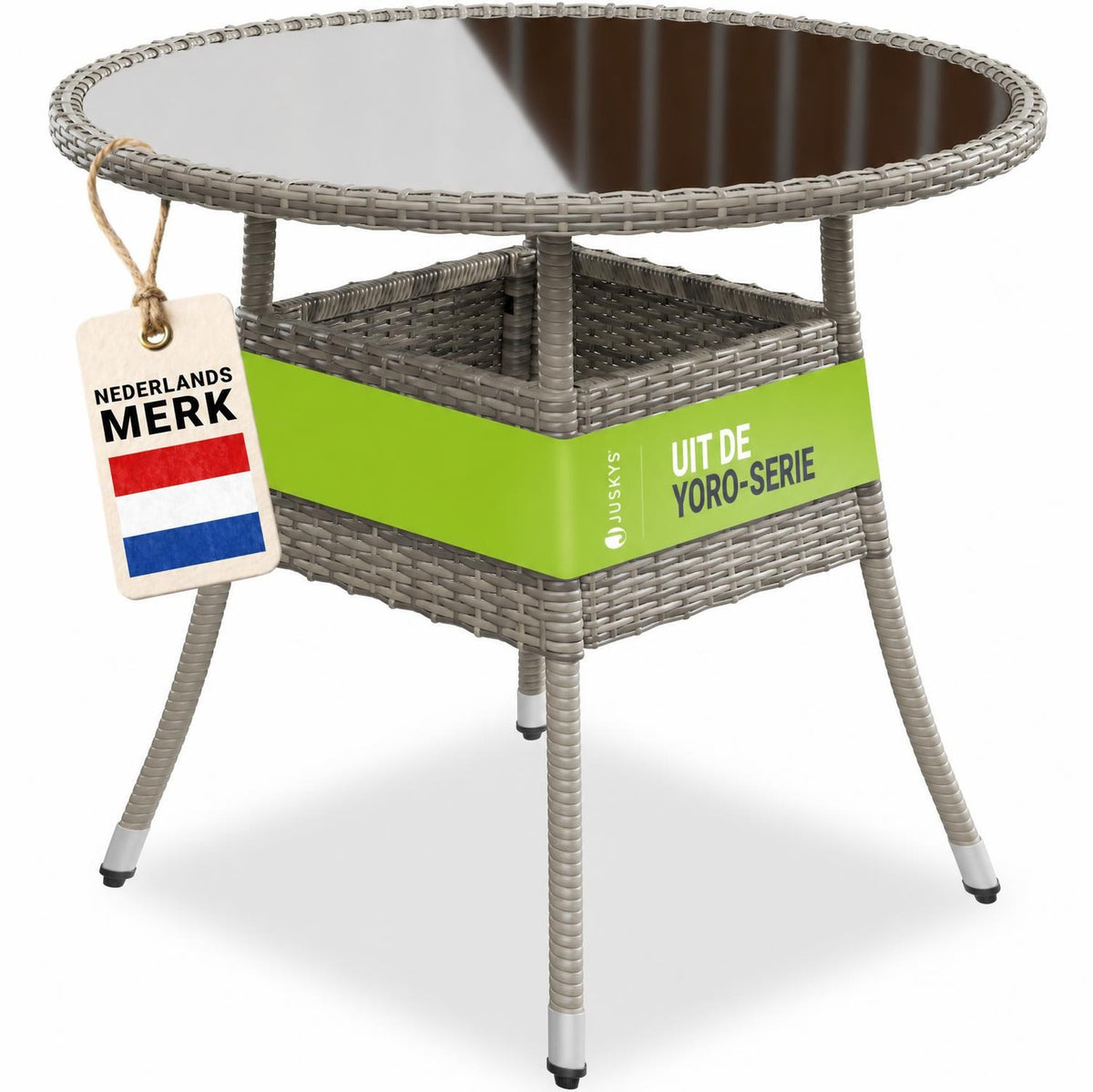 Ronde wicker tuintafel Yoro – zwart, met glazen tafelblad