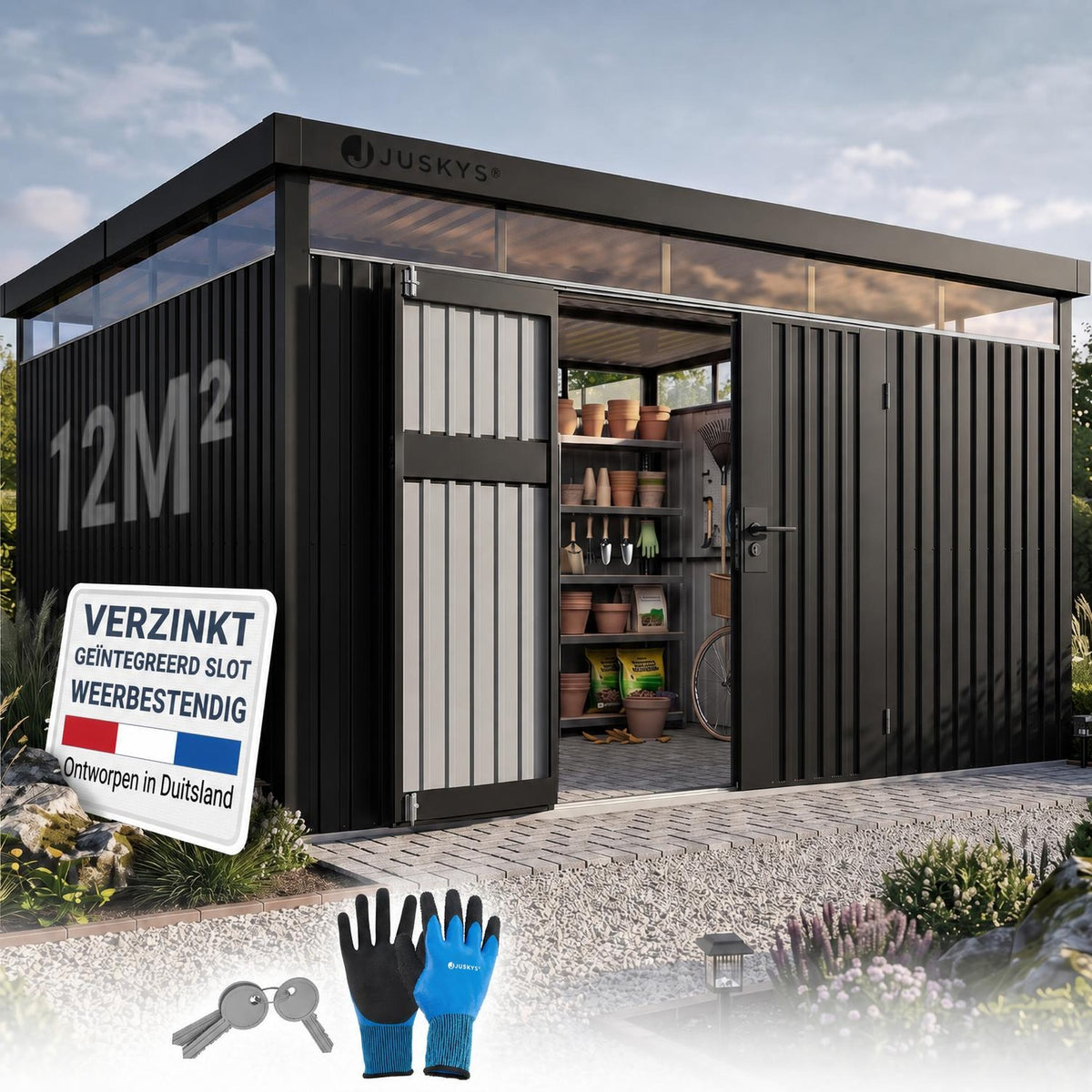 Metalen tuinhuis Luzern – met raam en afsluitbare dubbele deur