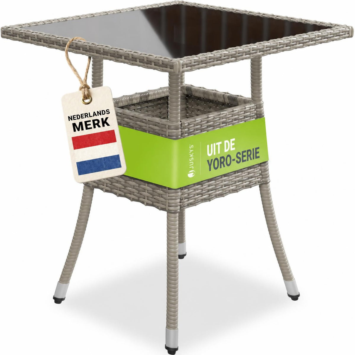 Tuintafel Yoro – vierkant, wicker met glazen blad, zwart
