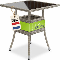 Tuintafel Yoro – vierkant, wicker met glazen blad, zwart