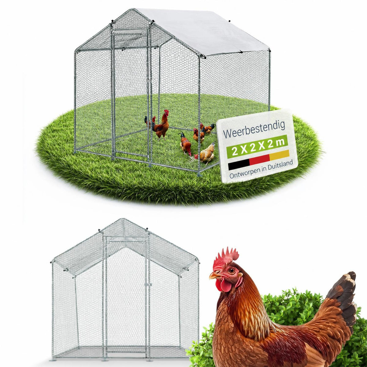 Kippenren HLS25T 2x2x2 m – verzinkt gaas met PE-dekzeil