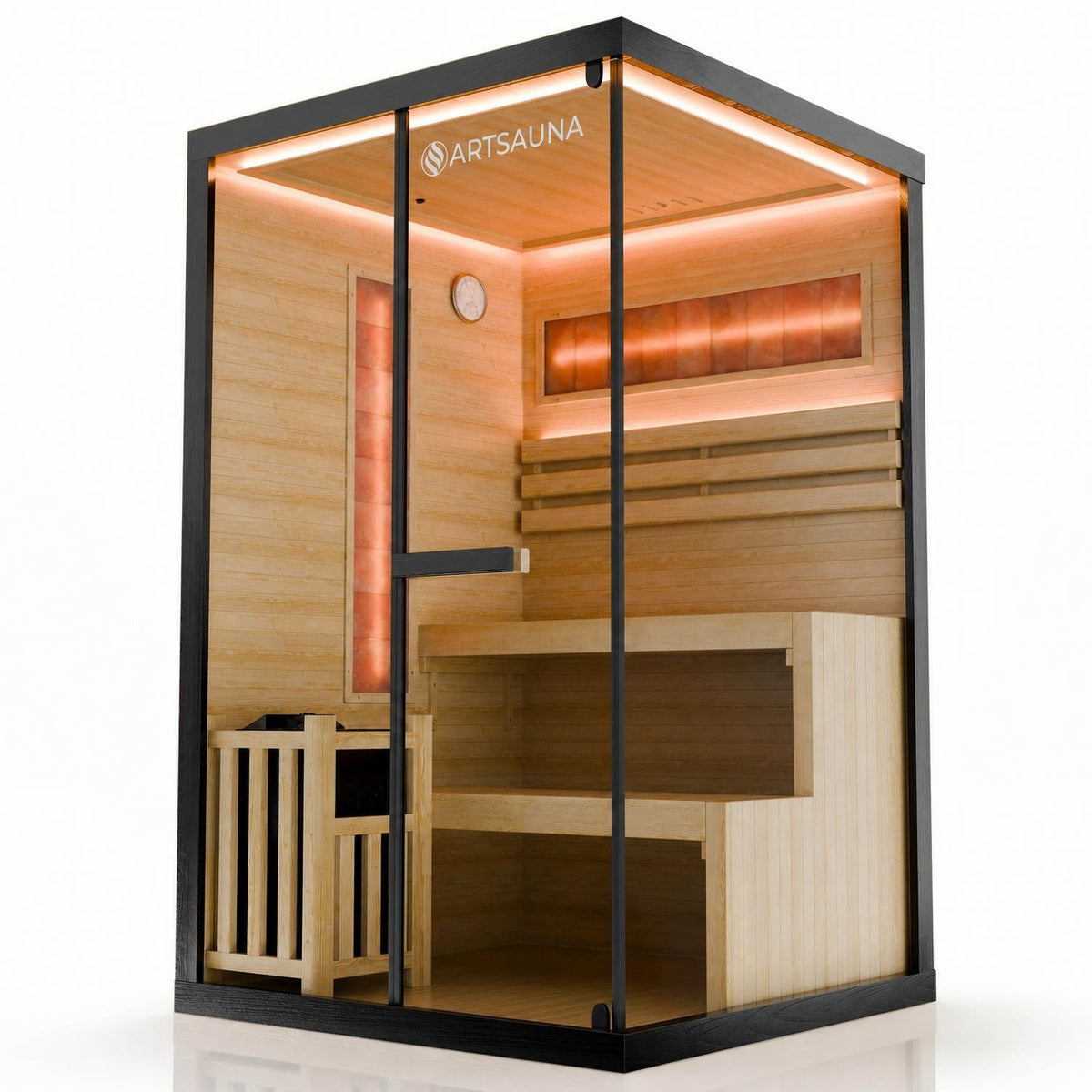 Finse sauna Vantaa – zwart hemlockhout, met kachel en zoutstenen