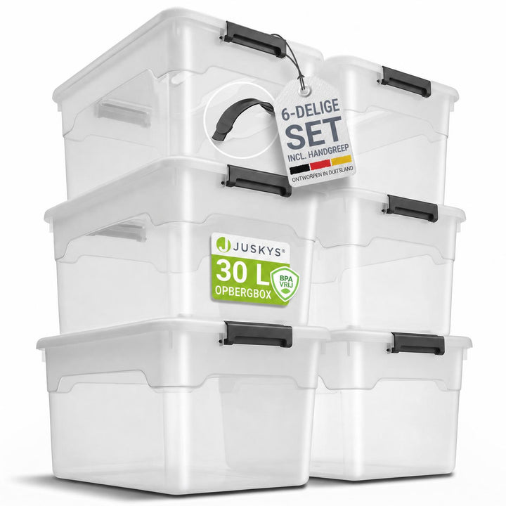 Opbergbox met deksel 30 liter – set van 4, stapelbaar