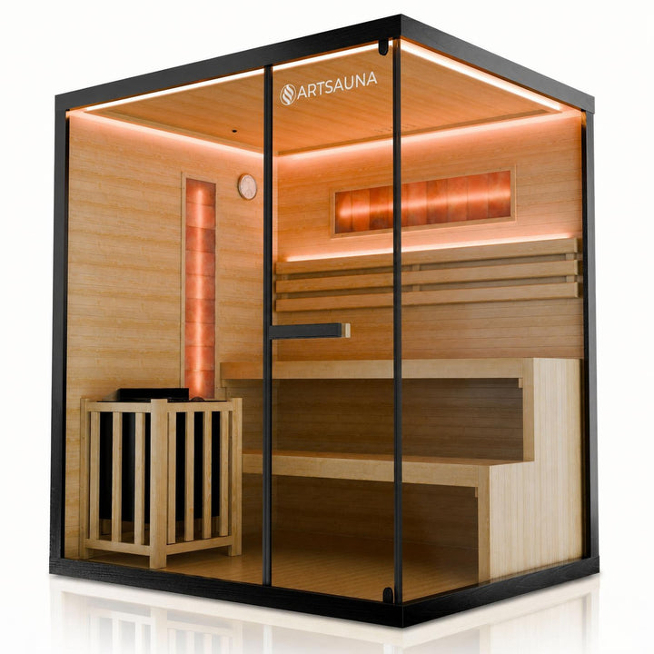 Finse sauna Vantaa – zwart hemlockhout, met kachel en zoutstenen