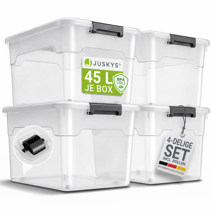 Opbergbox met deksel 30 liter – set van 4, stapelbaar
