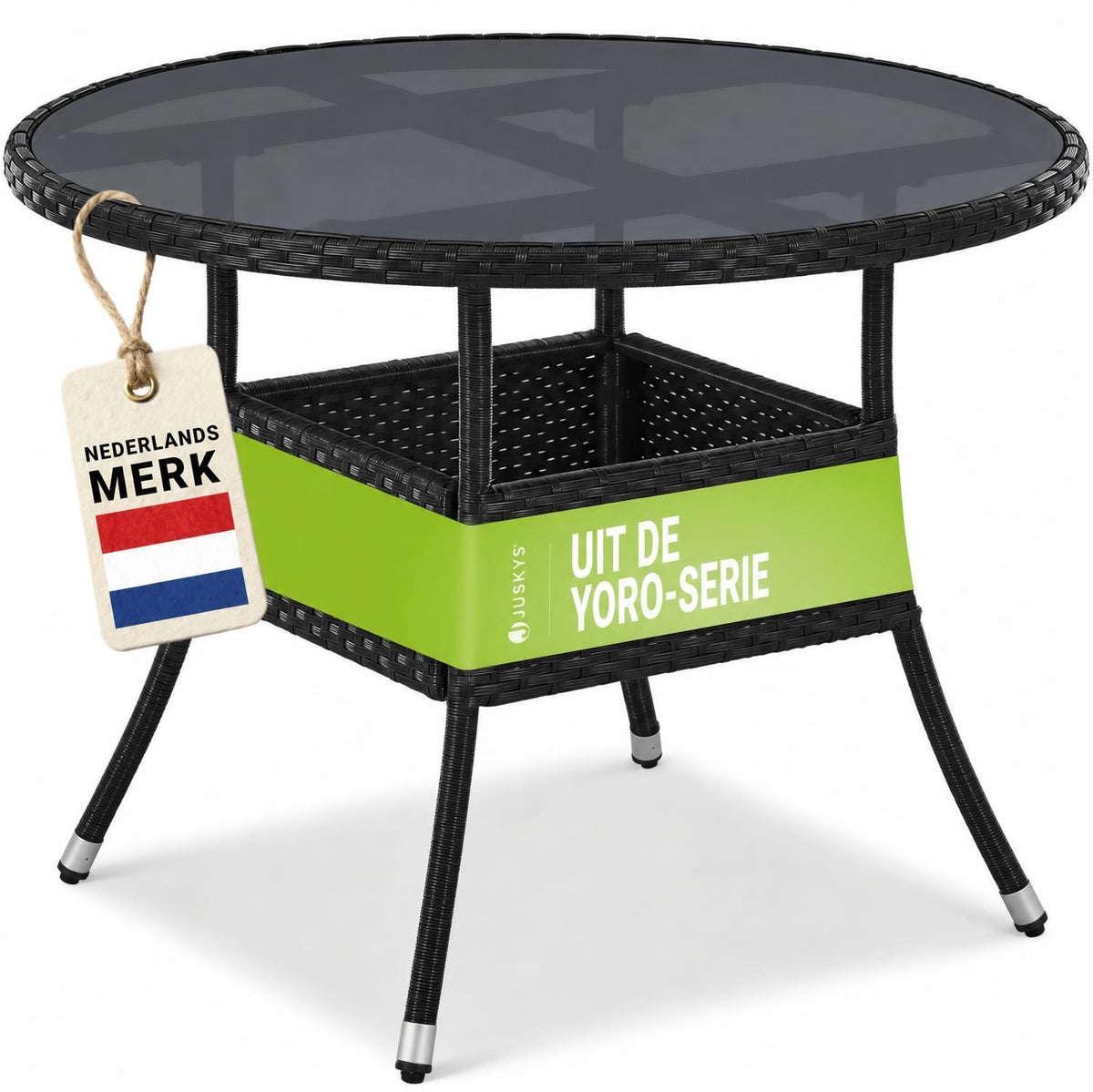 Ronde wicker tuintafel Yoro – zwart, met glazen tafelblad