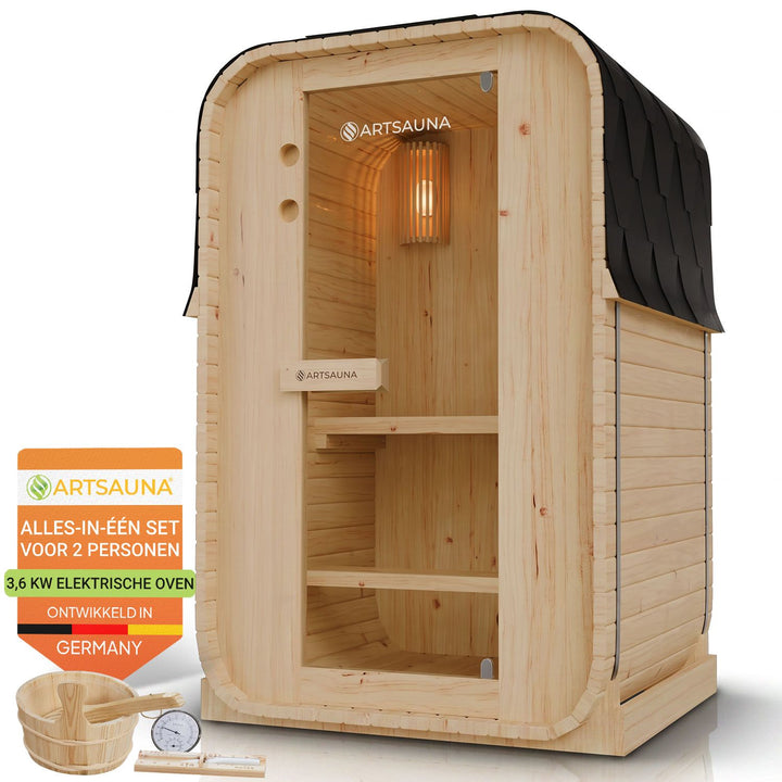 Barrelsauna Nolvik – vierkant, vurenhout, 3,6 kW saunakachel