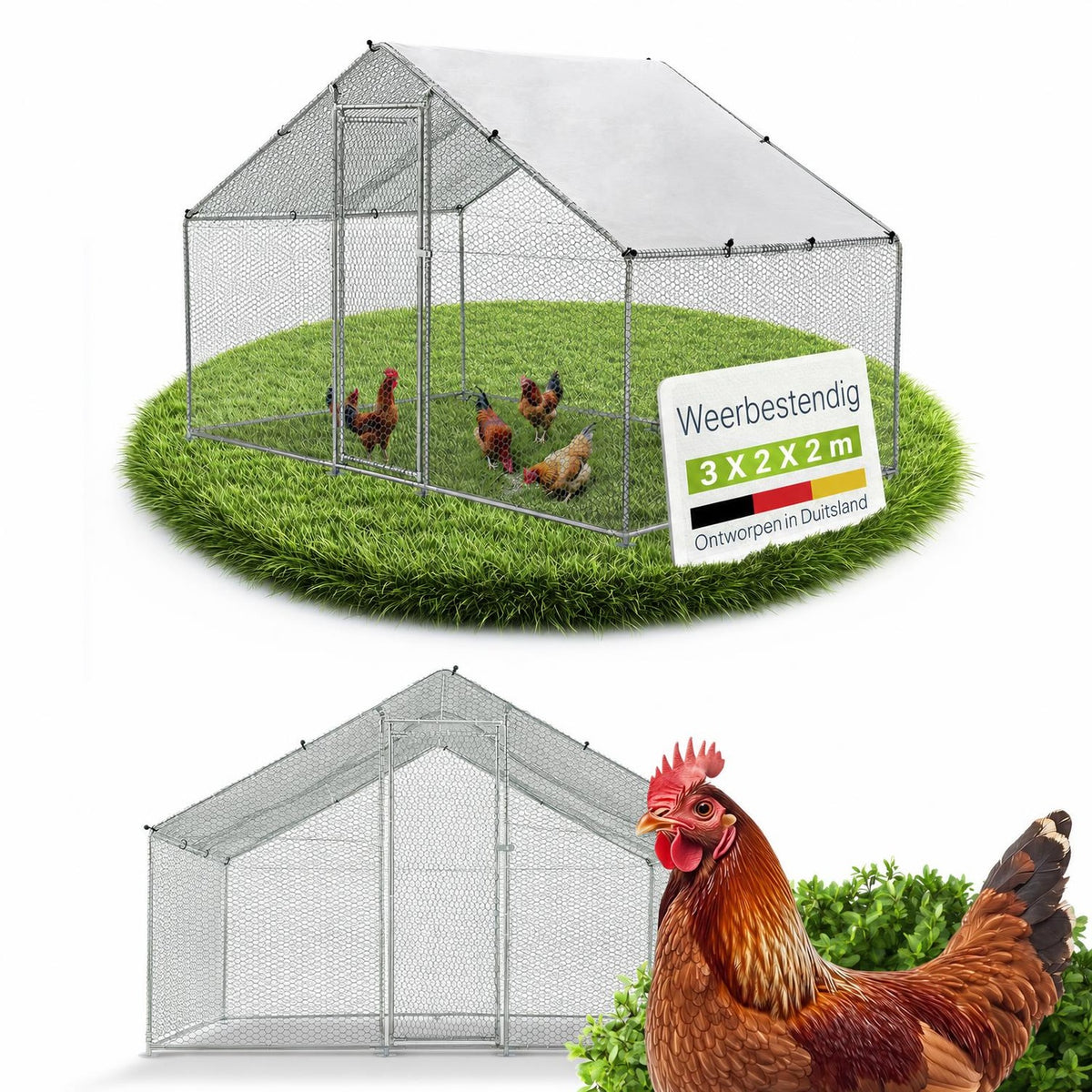 Kippenren HLS25T 2x2x2 m – verzinkt gaas met PE-dekzeil