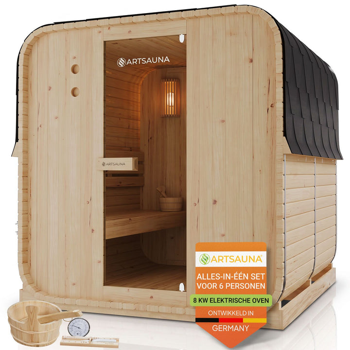 Barrelsauna Nolvik – vierkant, vurenhout, 3,6 kW saunakachel