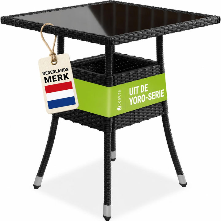 Tuintafel Yoro – vierkant, wicker met glazen blad, zwart