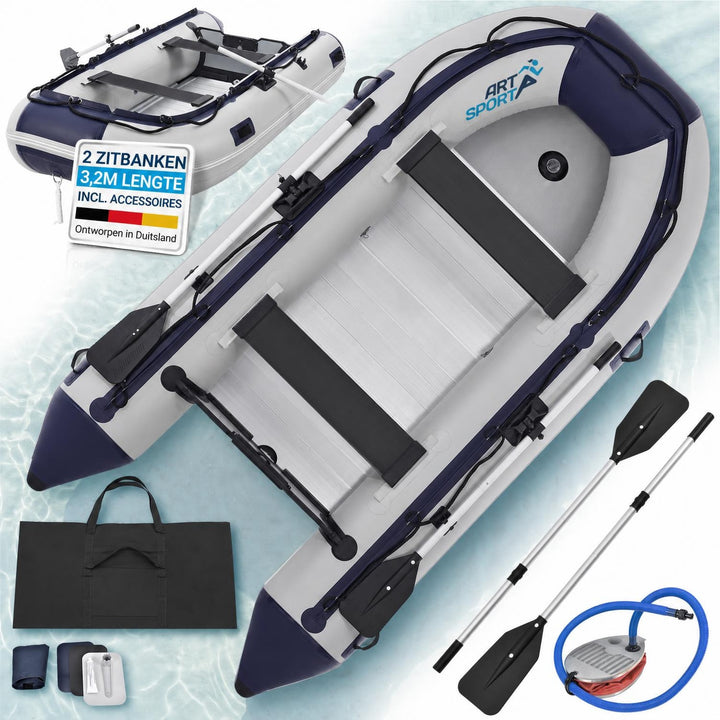 Rubberboot 3,20 m – 2 zitbanken, complete set met peddels