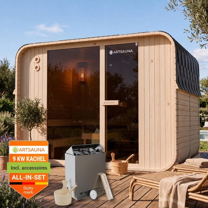 Buitensauna Fjora XXL – 6 personen, 9 kW kachel, relaxruimte