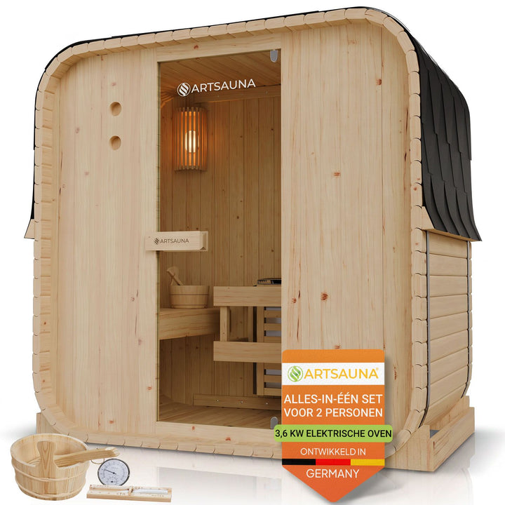 Barrelsauna Nolvik – vierkant, vurenhout, 3,6 kW saunakachel