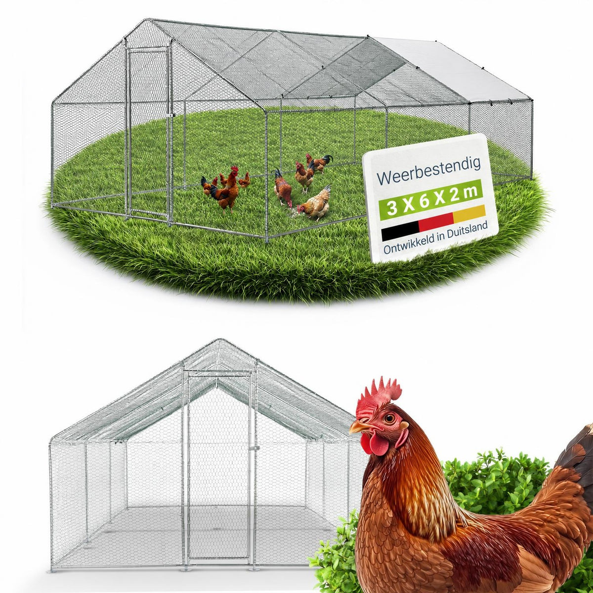 Kippenren HLS25T 2x2x2 m – verzinkt gaas met PE-dekzeil
