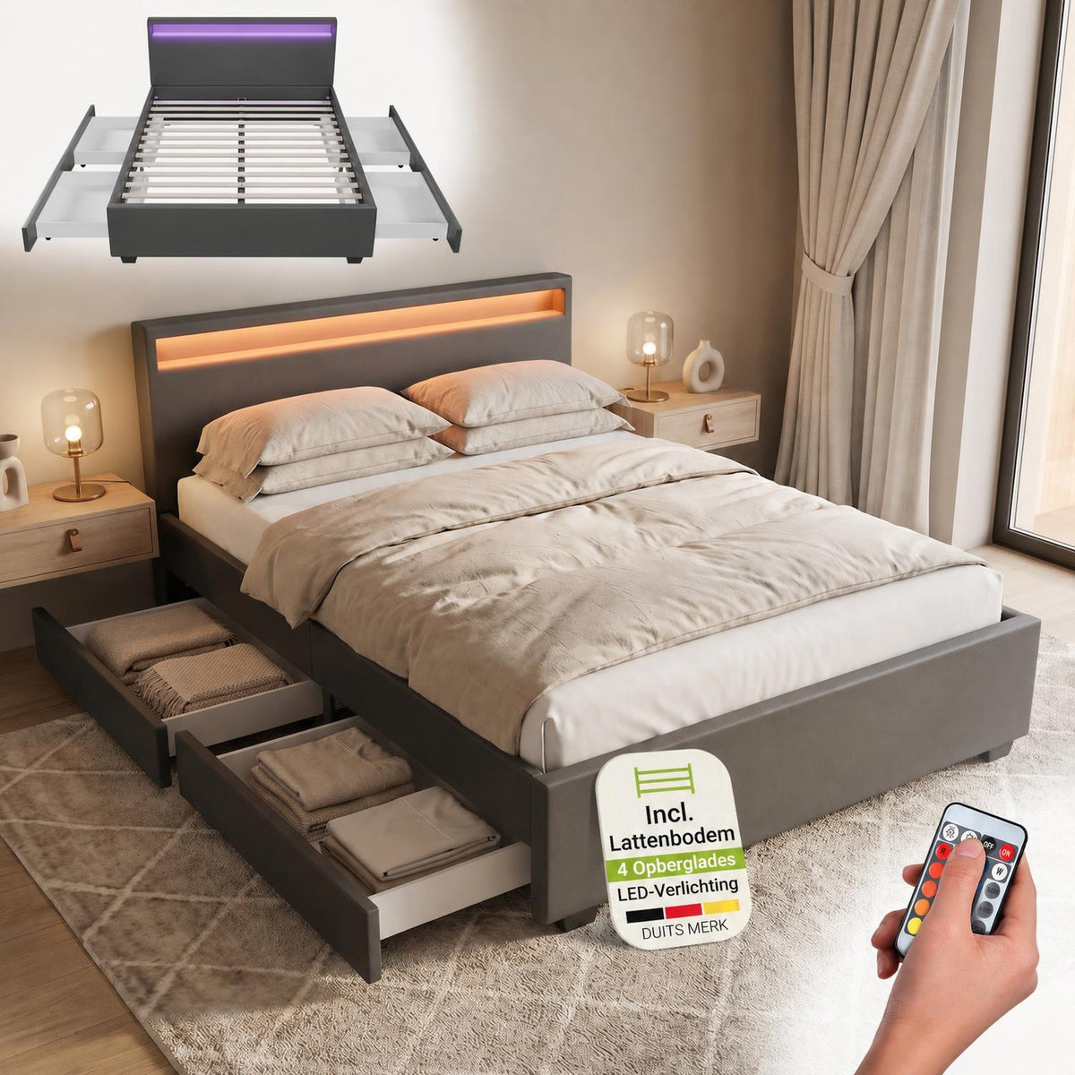 Gestoffeerd bed Lyon – met opbergruimte en lattenbodem