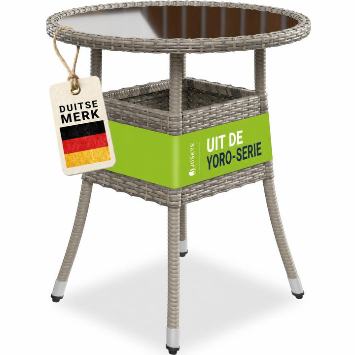 Ronde wicker tuintafel Yoro – zwart, met glazen tafelblad