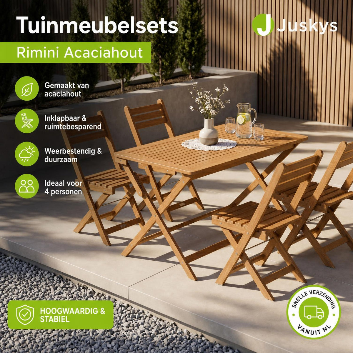 Tuinset Rimini – acaciahout, 5-delig met tafel en 4 stoelen