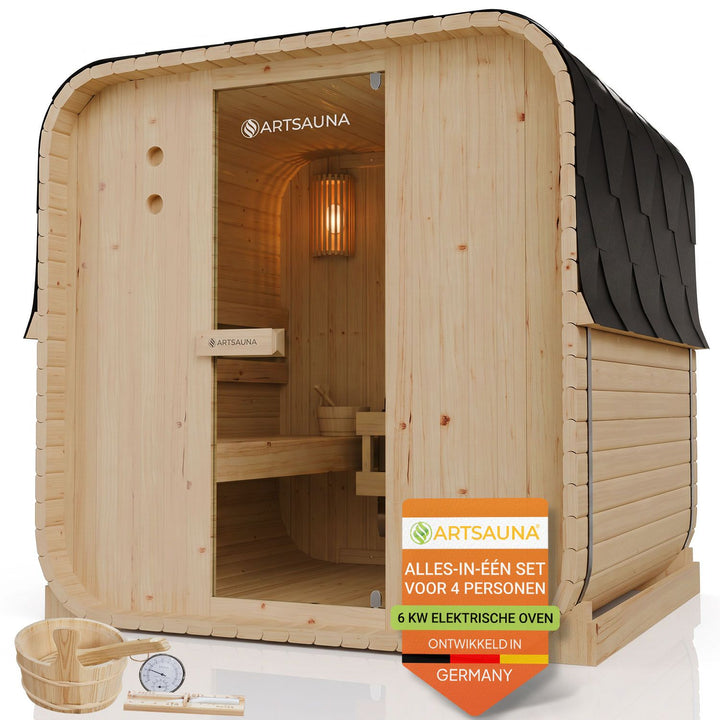 Barrelsauna Nolvik – vierkant, vurenhout, 3,6 kW saunakachel