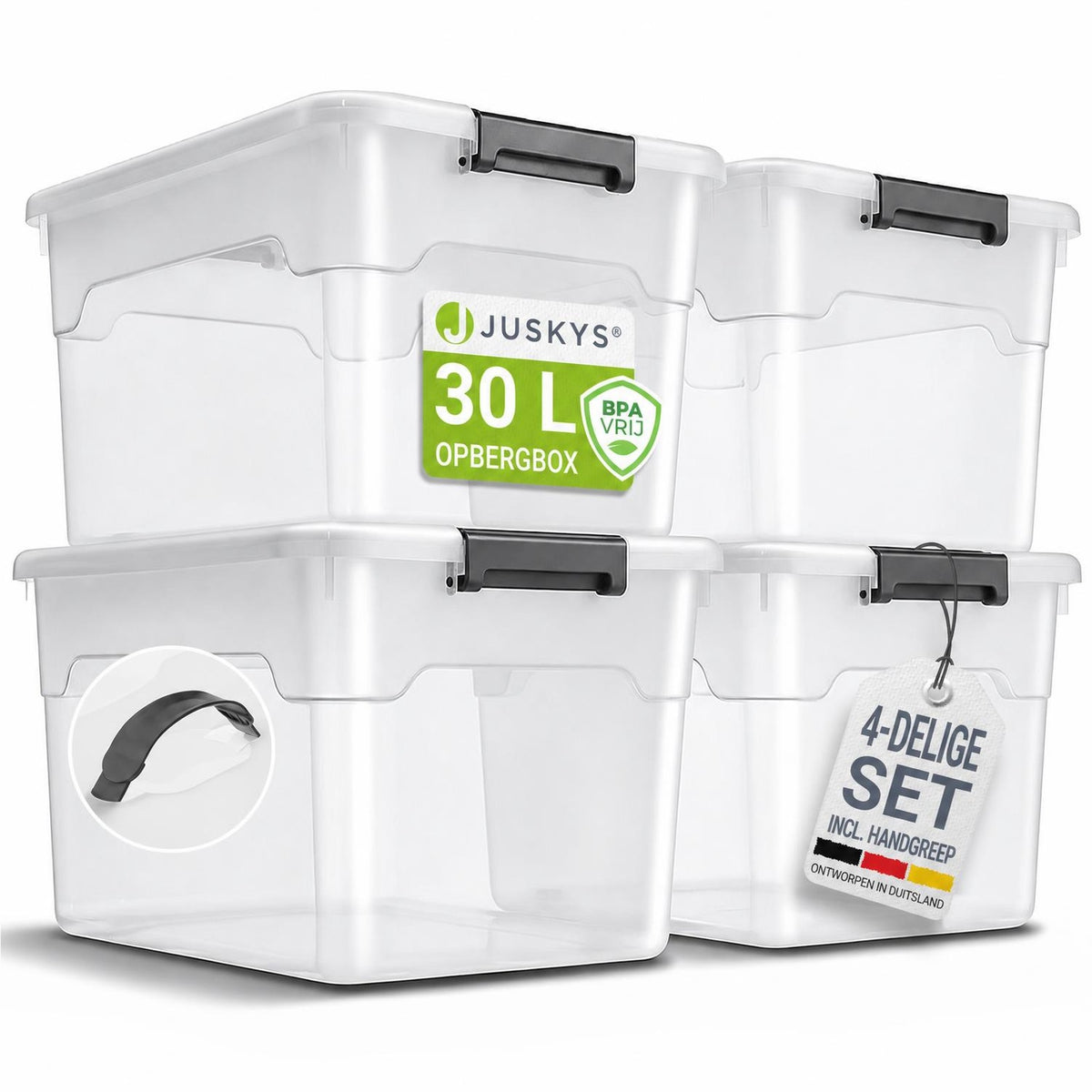 Opbergbox met deksel 30 liter – set van 4, stapelbaar