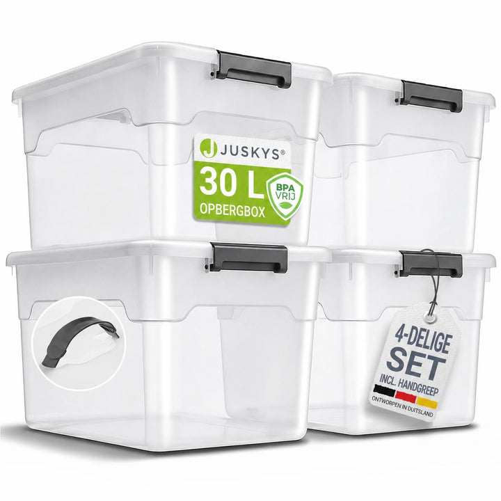 Opbergbox met deksel 30 liter – set van 4, stapelbaar