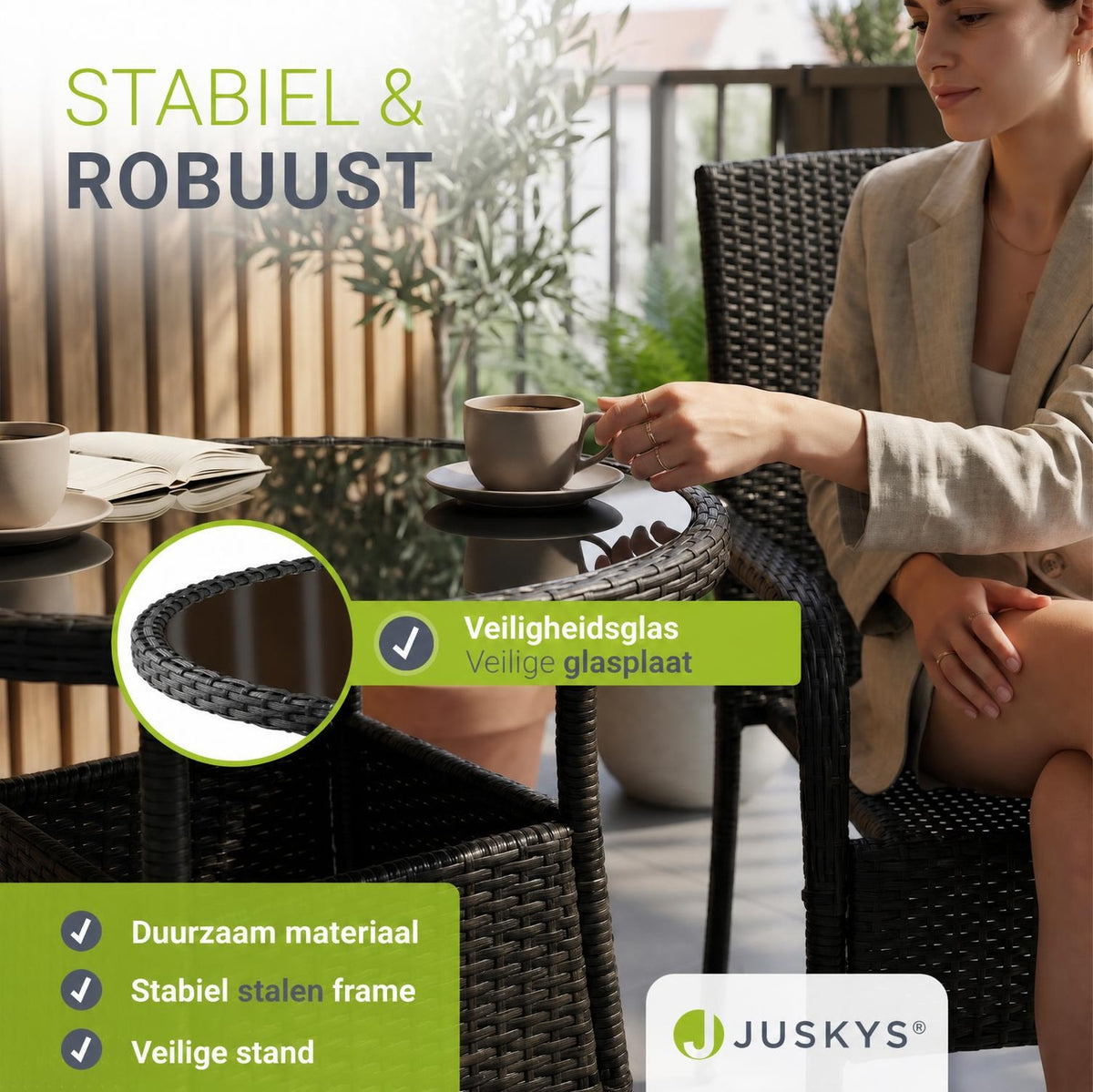 Ronde wicker tuintafel Yoro – zwart, met glazen tafelblad
