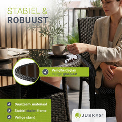 Ronde wicker tuintafel Yoro – zwart, met glazen tafelblad