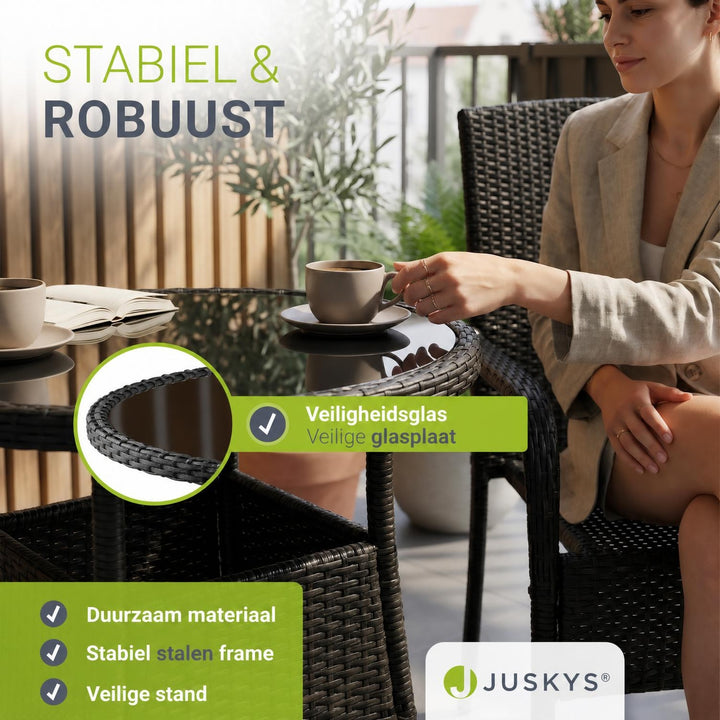 Ronde wicker tuintafel Yoro – zwart, met glazen tafelblad