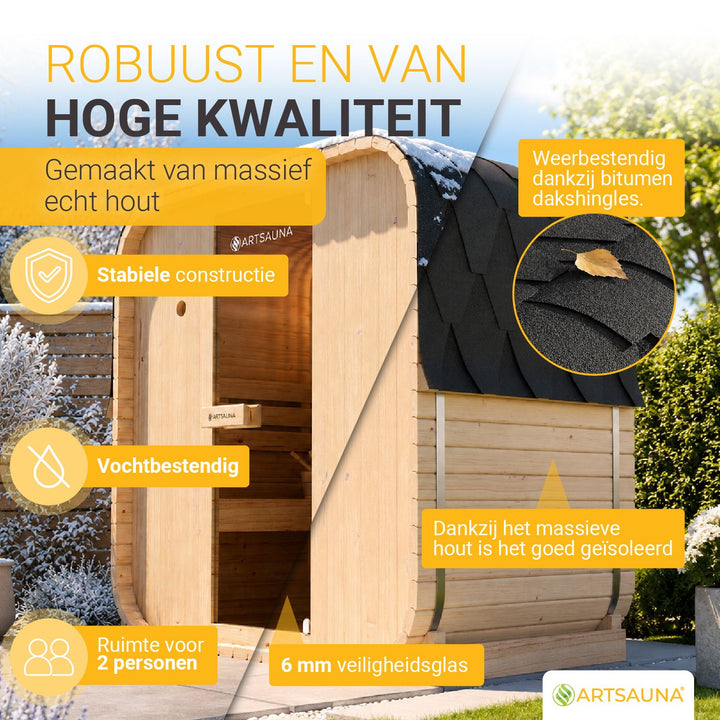 Barrelsauna Nolvik – vierkant, vurenhout, 3,6 kW saunakachel