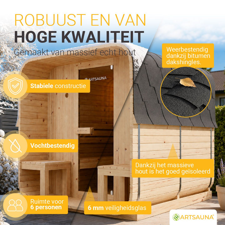 Barrelsauna Nolvik – vierkant, vurenhout, 3,6 kW saunakachel