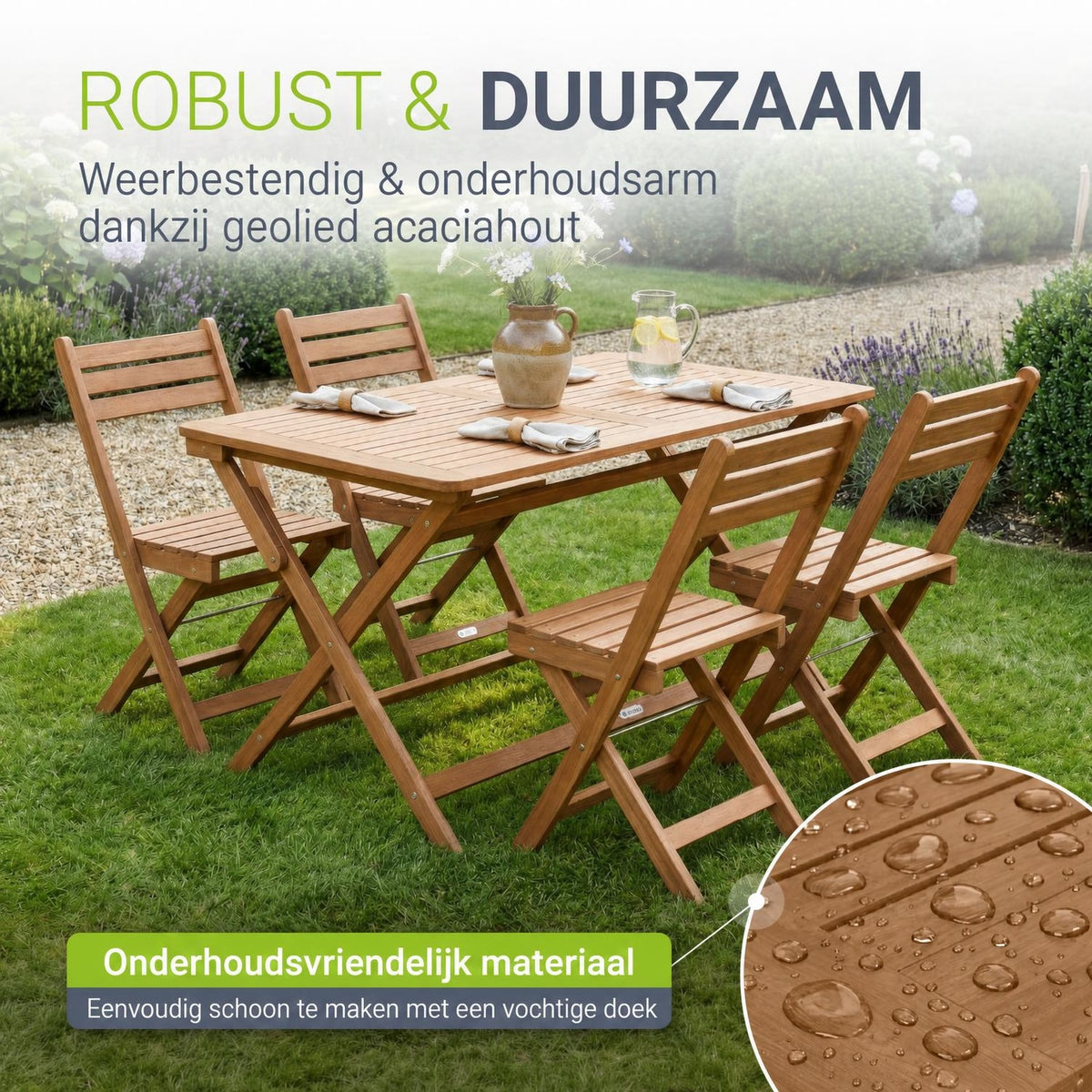 Tuinset Rimini – acaciahout, 5-delig met tafel en 4 stoelen