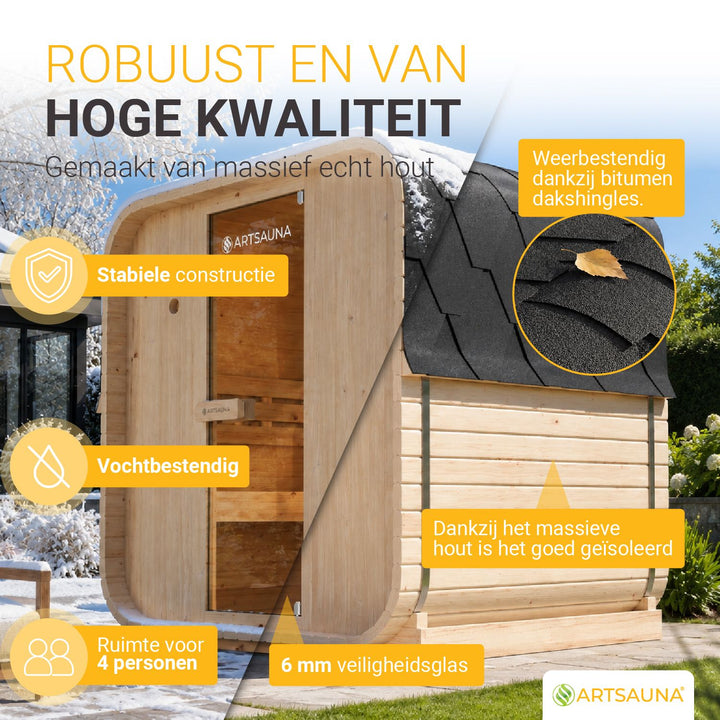 Barrelsauna Nolvik – vierkant, vurenhout, 3,6 kW saunakachel