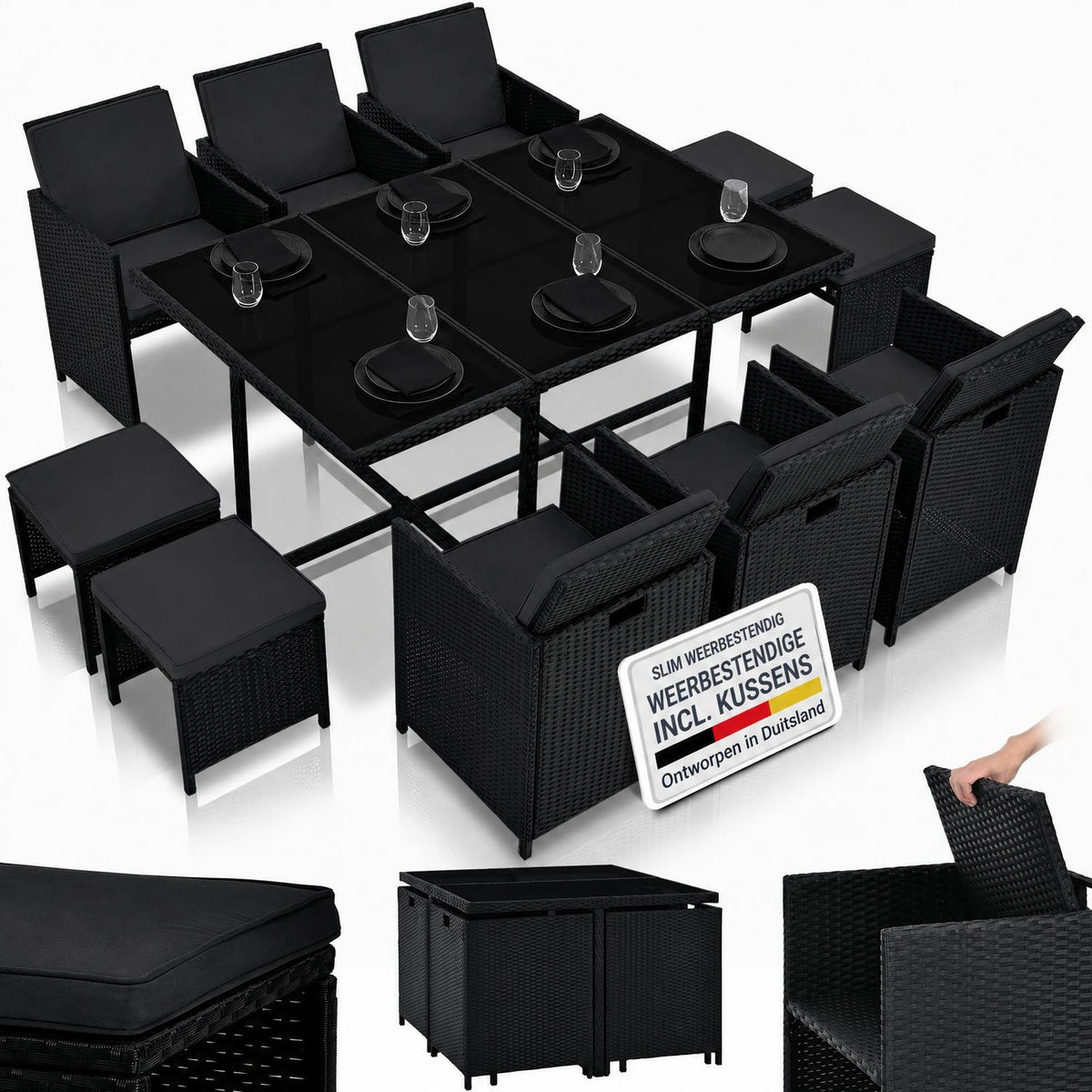 Wicker tuinset Baracoa – 9-delig voor 8 personen, zwart en grijs