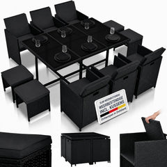 Wicker tuinset Baracoa – 9-delig voor 8 personen, zwart en grijs