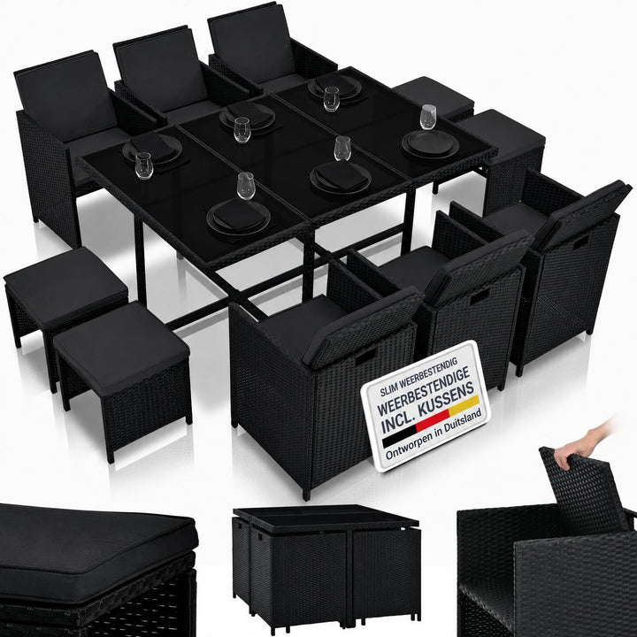 Wicker tuinset Baracoa – 9-delig voor 8 personen, zwart en grijs