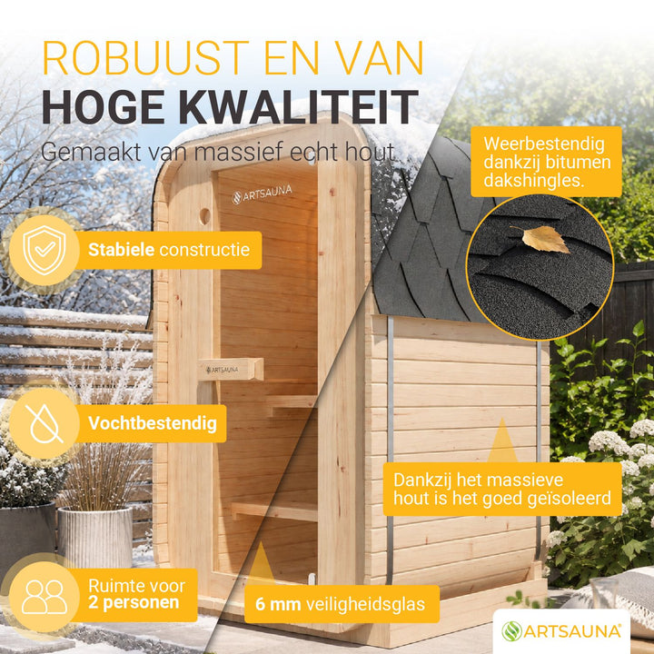 Barrelsauna Nolvik – vierkant, vurenhout, 3,6 kW saunakachel