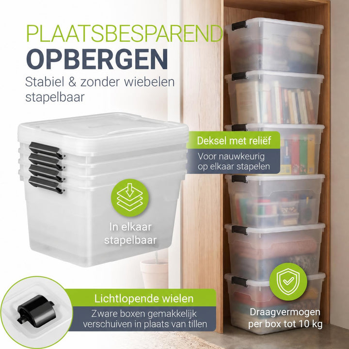 Opbergbox met deksel 30 liter – set van 4, stapelbaar