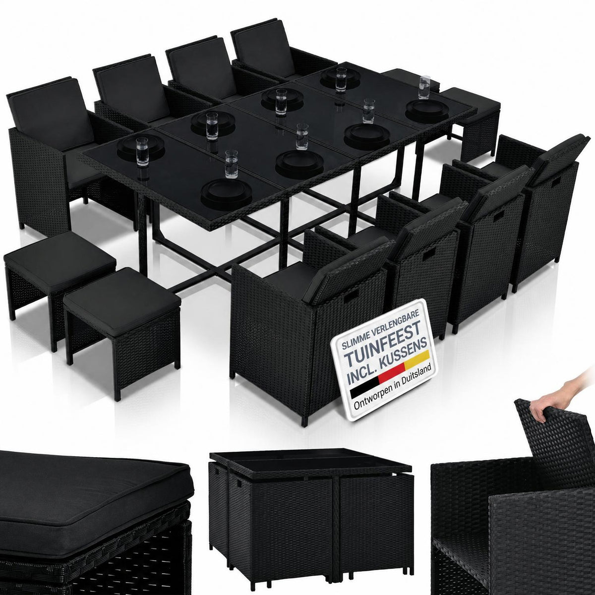 Wicker tuinset Baracoa – 9-delig voor 8 personen, zwart en grijs