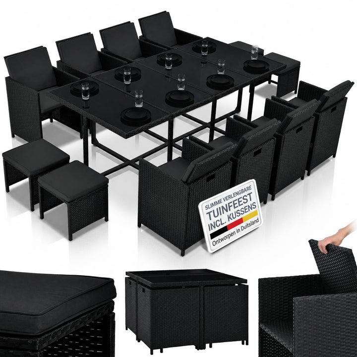 Wicker tuinset Baracoa – 9-delig voor 8 personen, zwart en grijs